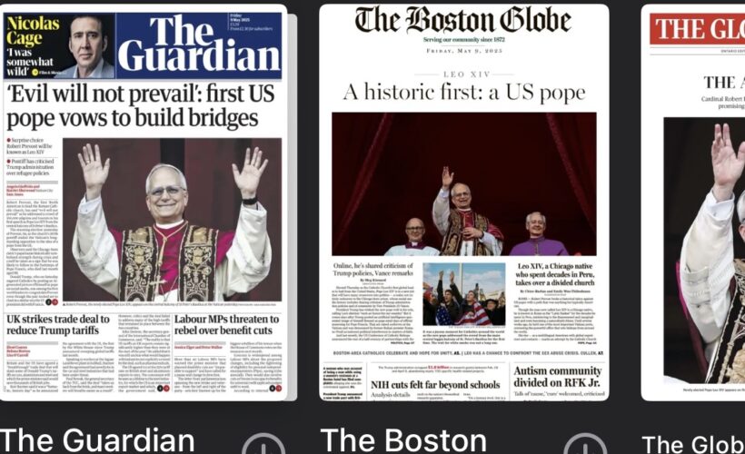 Le pape Léon XIV , à la une de la presse anglaise et US le 9 mai 2025